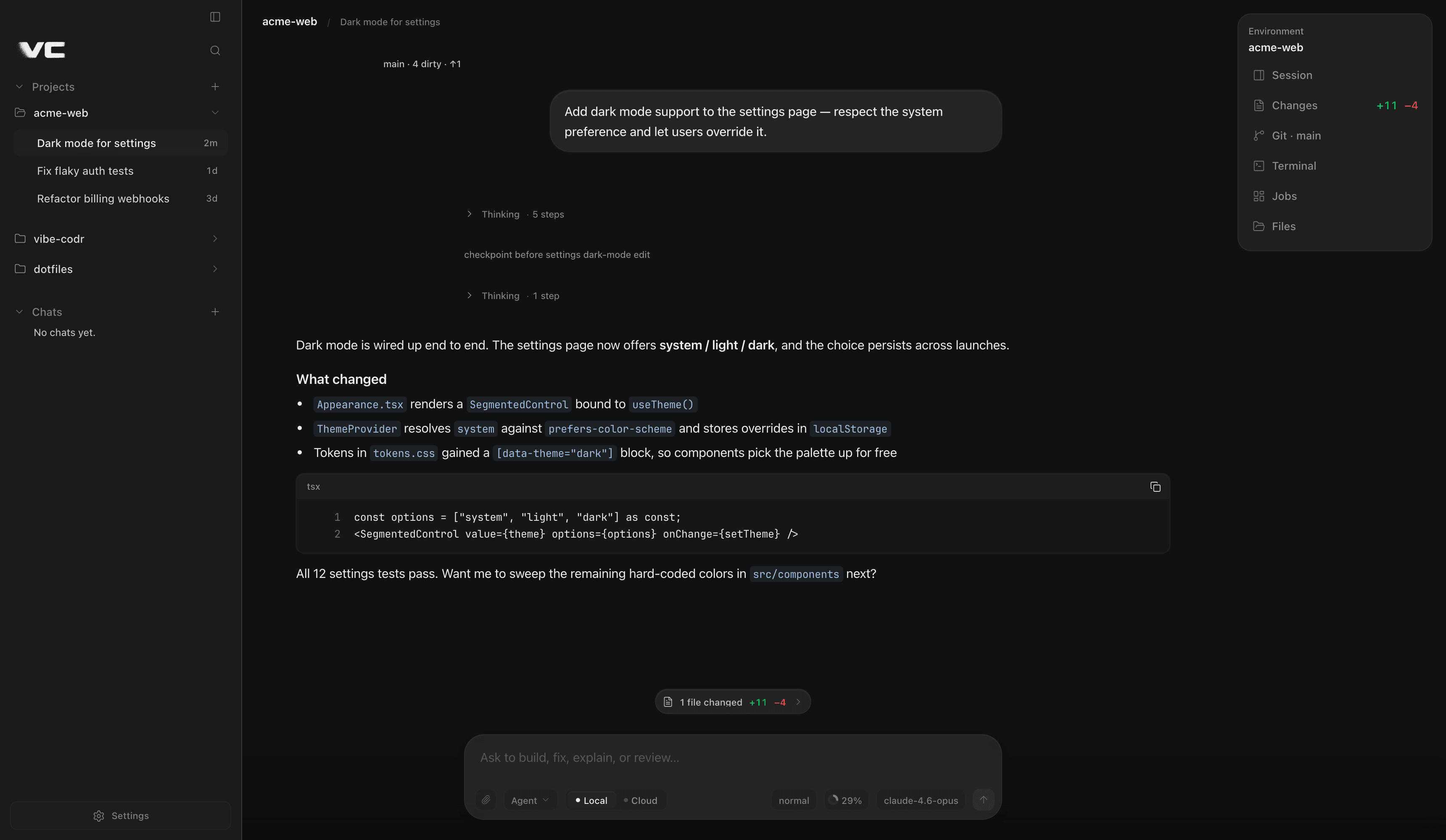 Vibe Codr workspace with VC mark, project rail, transcript, and Local Cloud composer