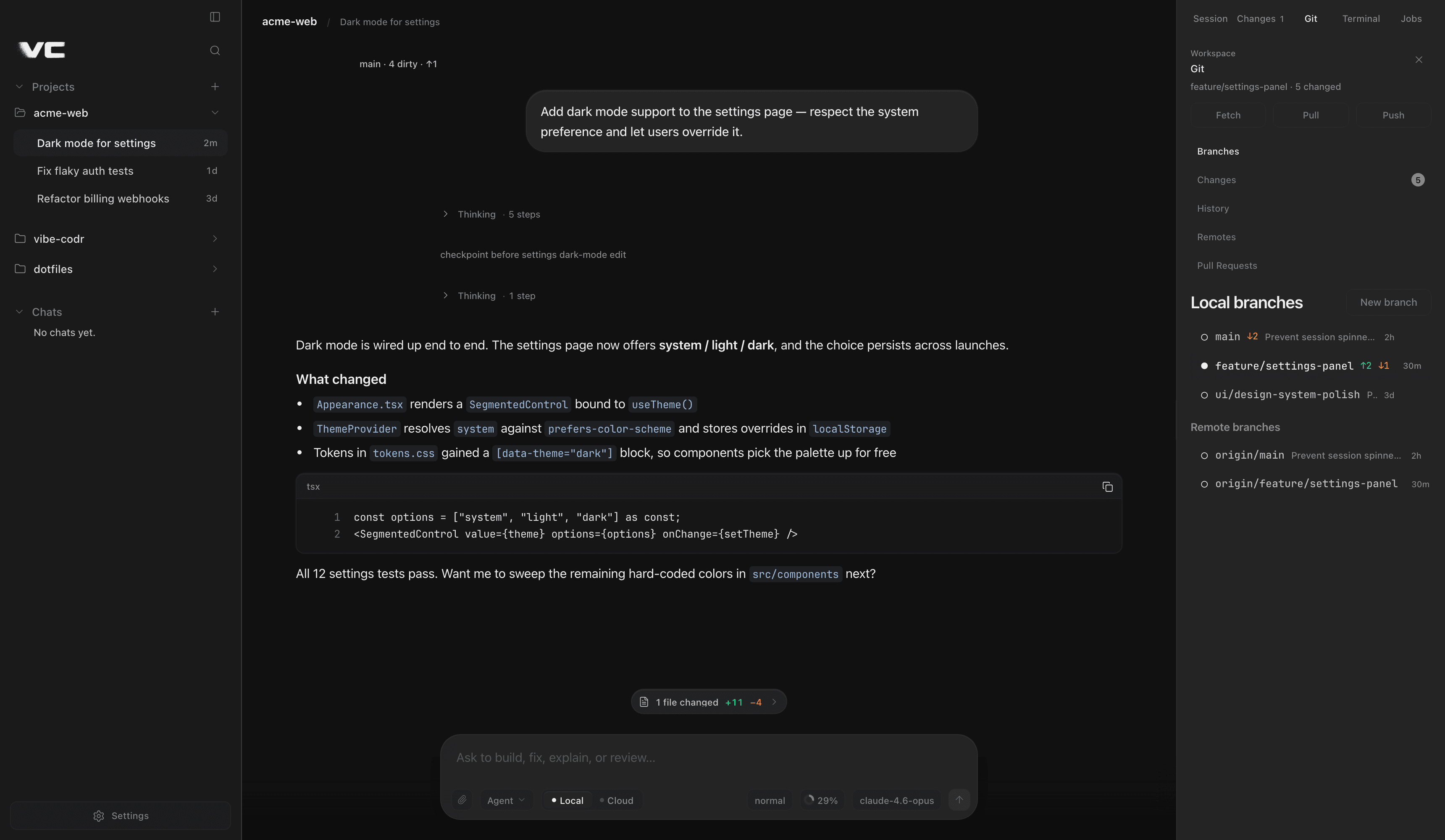Git activity sidebar with branches and VC brand mark